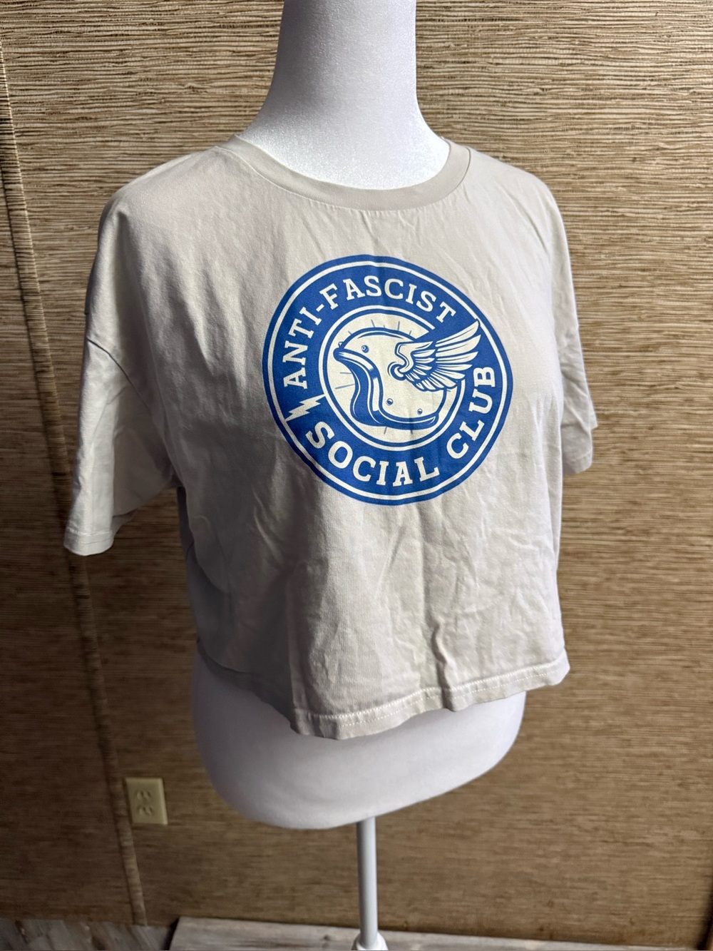 Anti-Fascist Social Club T-Shirt Women L/XL Beige Blue Graphic Cropped Crewneck